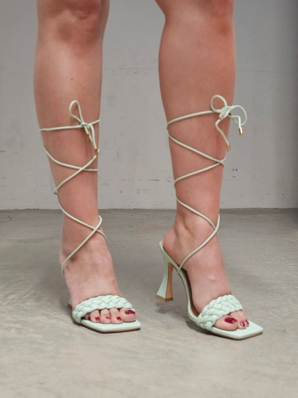 Strappy Mint Green Lace-Up Heeled Sandals With Braided Front Design Square Toe A